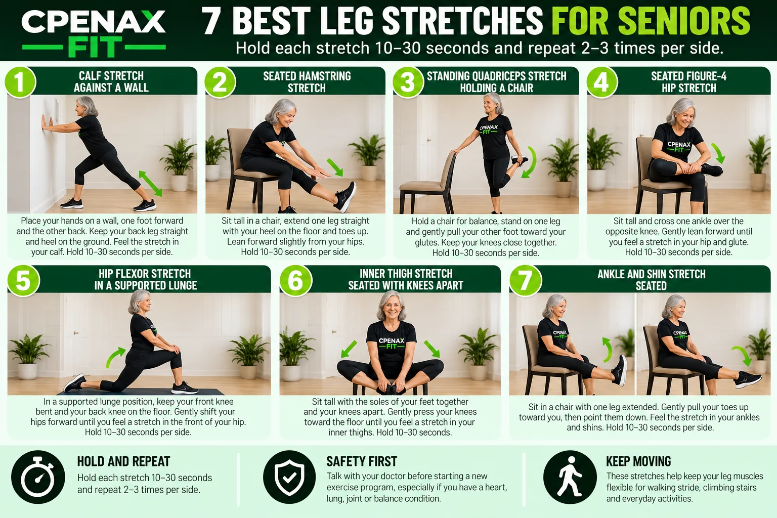 CPENAX FIT infographic demonstrating seven leg stretches for seniors, including calf, hamstring, quadriceps, figure-4 hip, hip flexor, inner thigh, and ankle and shin stretches.