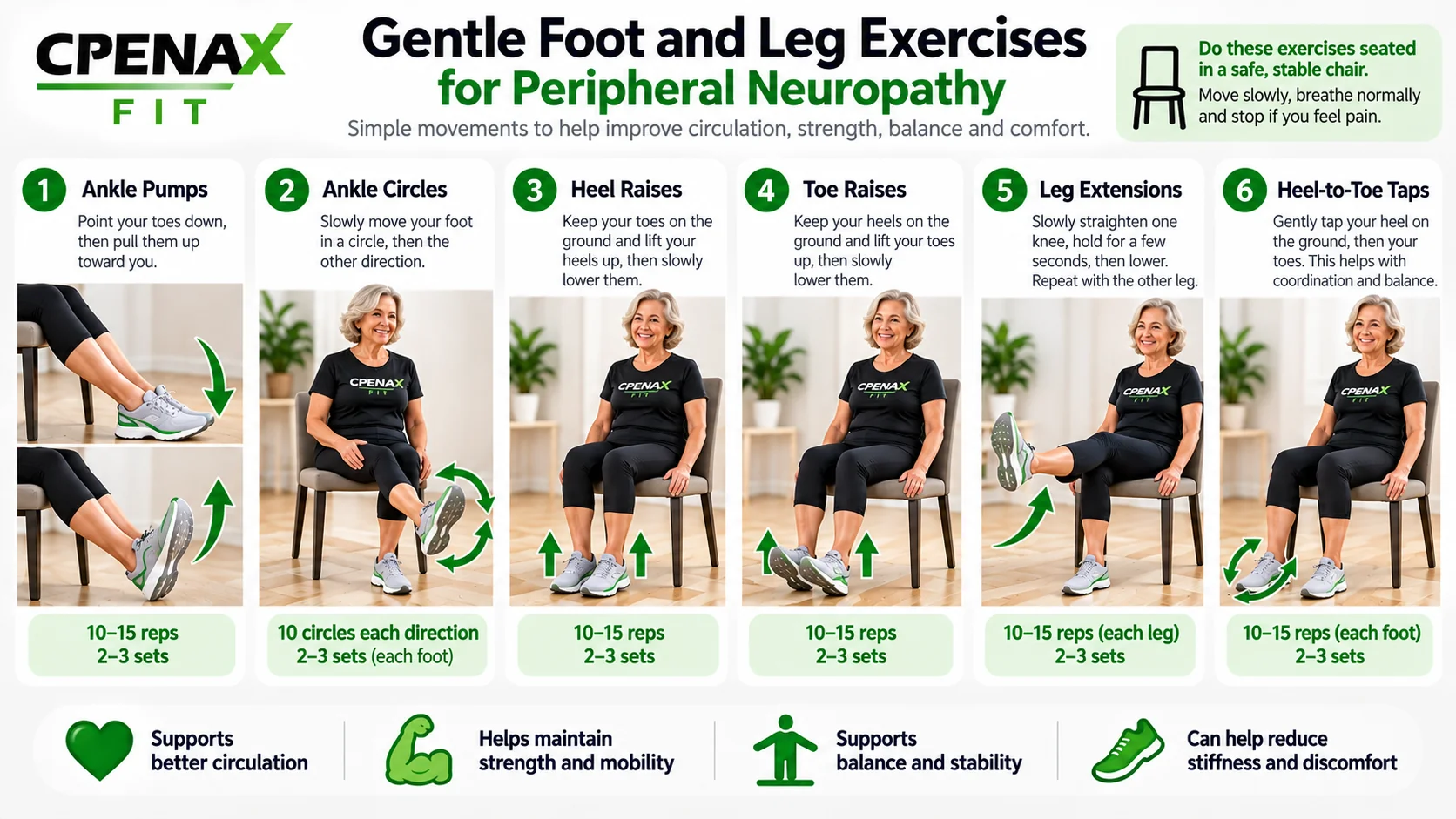 CPENAX FIT guide showing six gentle seated foot and leg exercises for peripheral neuropathy.