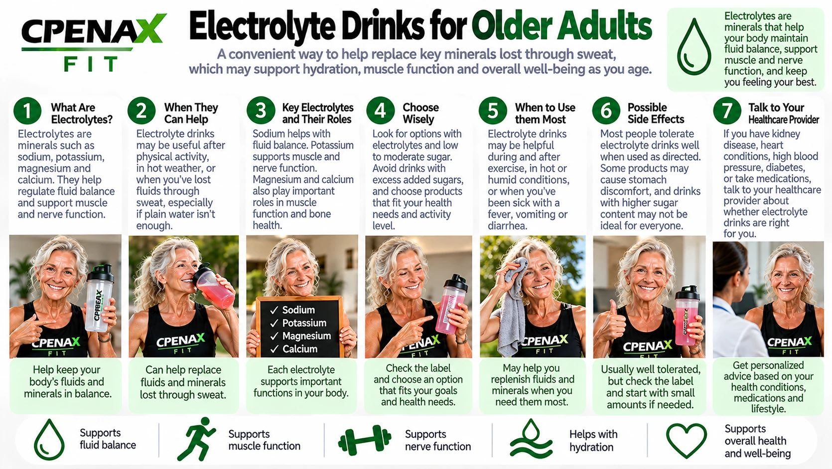 CPENAX FIT infographic explaining electrolyte drinks for older adults, including when they may be useful, key electrolytes, choosing drinks and health considerations.