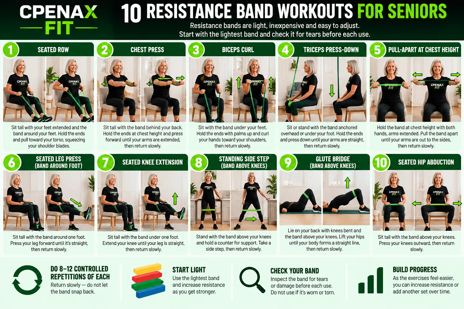 CPENAX FIT infographic demonstrating 10 resistance band exercises for seniors, including seated row, chest press, biceps curl, triceps press-down, pull-apart, leg press, knee extension, standing side step, glute bridge and seated hip abduction.