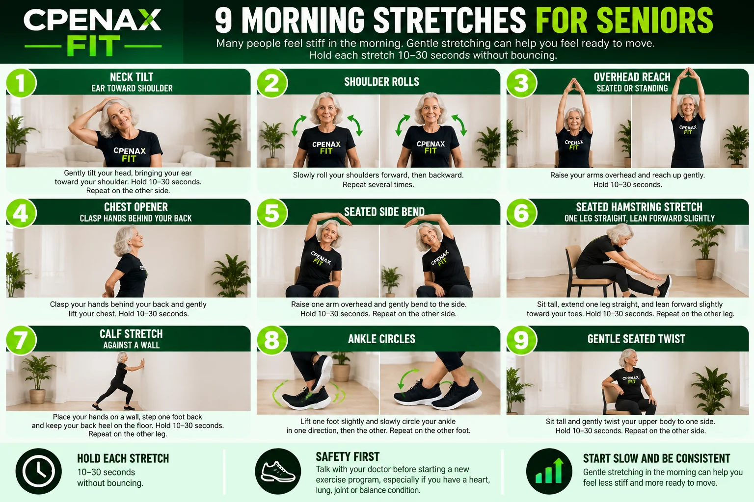 CPENAX FIT infographic demonstrating nine morning stretches for seniors, including neck tilt, shoulder rolls, overhead reach, chest opener, seated side bend, hamstring stretch, calf stretch, ankle circles and seated twist.